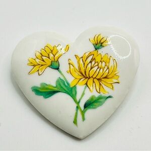 Vintage Avon White Heart Ceramic with Yellow Flowers brooch